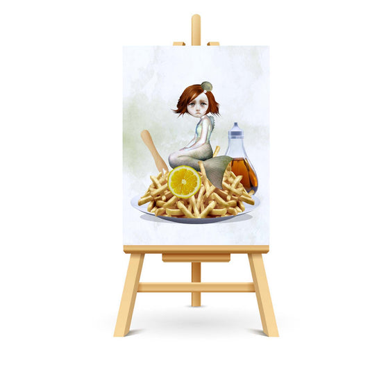 Discover the charm of this ACEO card featuring a sad mermaid perched atop a pile of chips on a diner's plate.