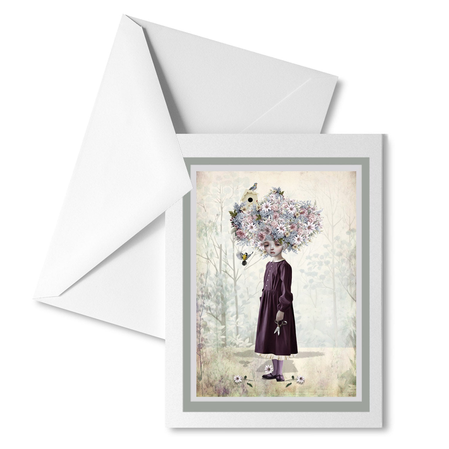 Flower Girl Art Greeting Card, showcasing a unique image of a girl whose luscious hair has been replaced with a beautiful bouquet of flowers. A perfect gift for flower lovers, this card will bring a touch of whimsy and beauty to any occasion.