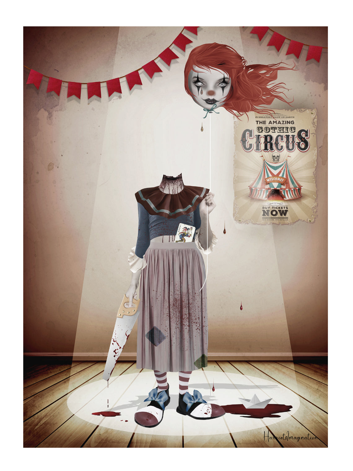 Macabre clown art print is a unique and unsettling addition to any collection. Featuring a headless clown holding a string with its head instead of a balloon.
