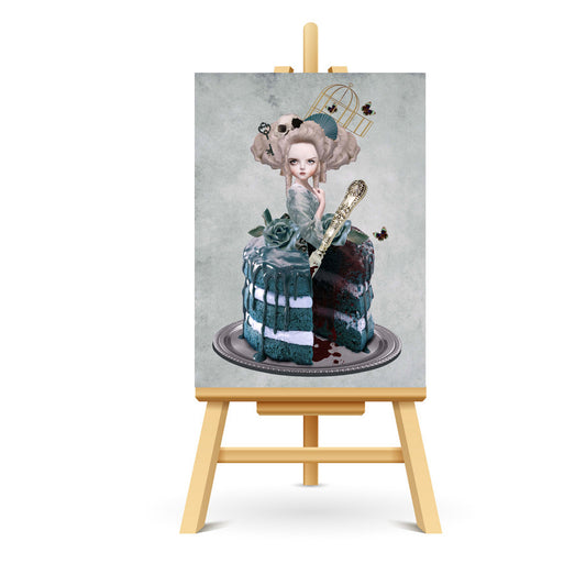 Marie Antoinette ACEO Card. This beautifully designed card captures the iconic queen, portrayed as a decadent cake with a slice missing. Perfect for lovers of art and the French Revolution, this Artist trading card serves as a poignant reminder of the past.