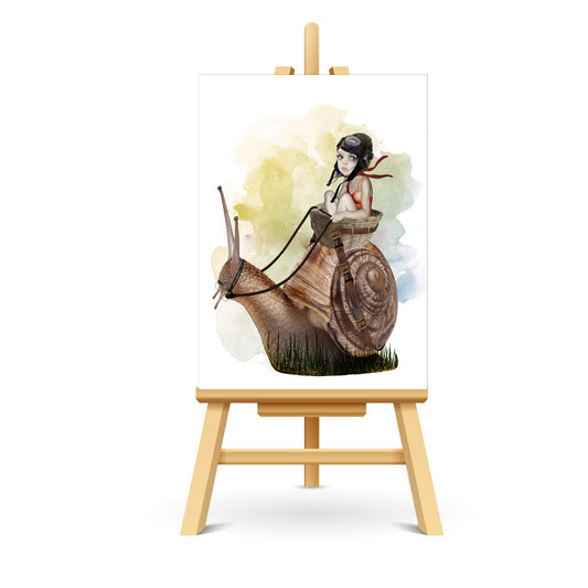 ACEO card featuring a girl riding on the back of an oversized garden snail. Let your imagination run wild and add this charming and playful piece to your collection. Perfect for art lovers and dreamers alike.