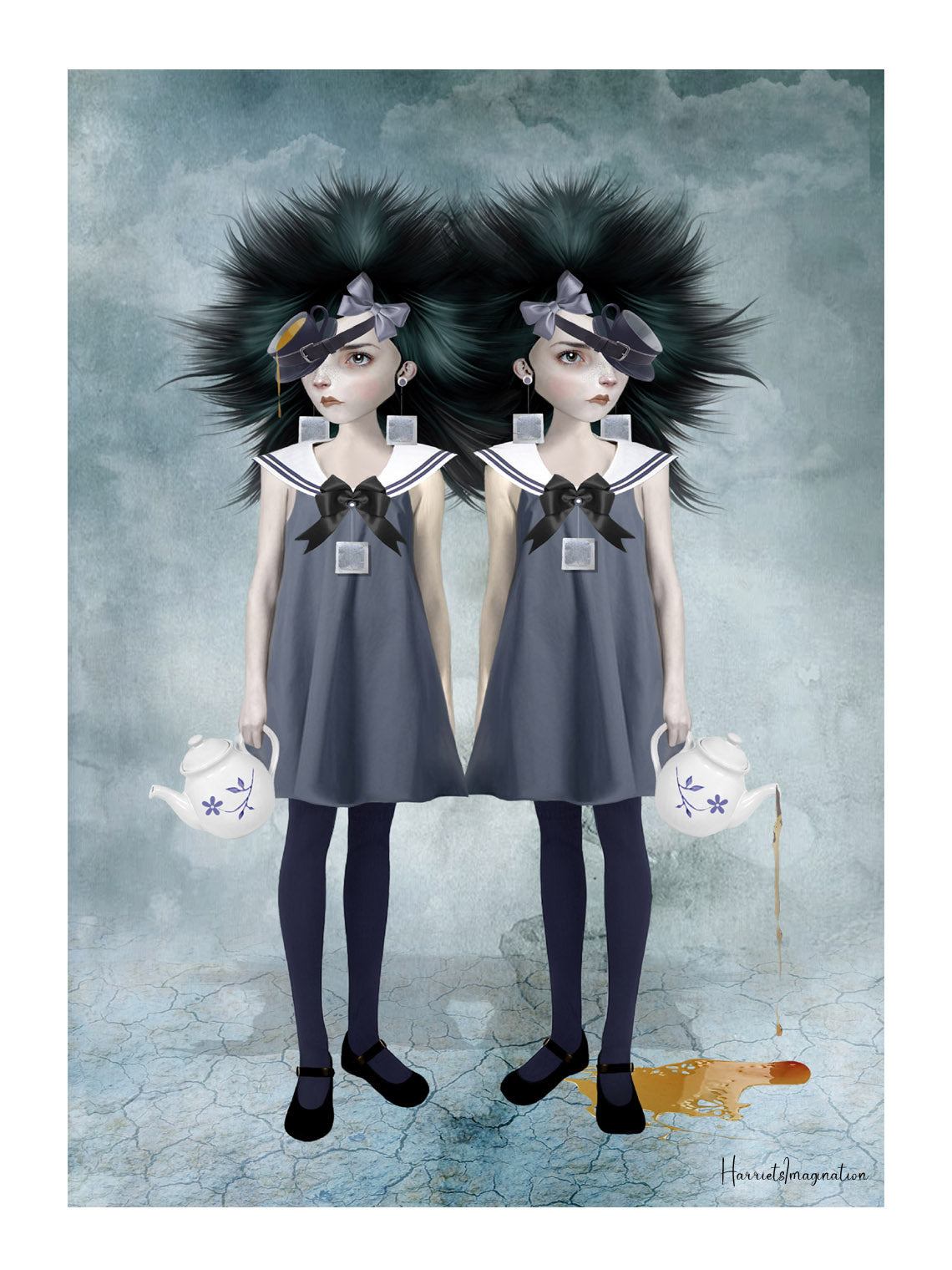 tea-inspired art print features two strange twin sisters expressing their love for tea through their unique fashion choices. Adorned with tea pots, tea cups, and tea bags.