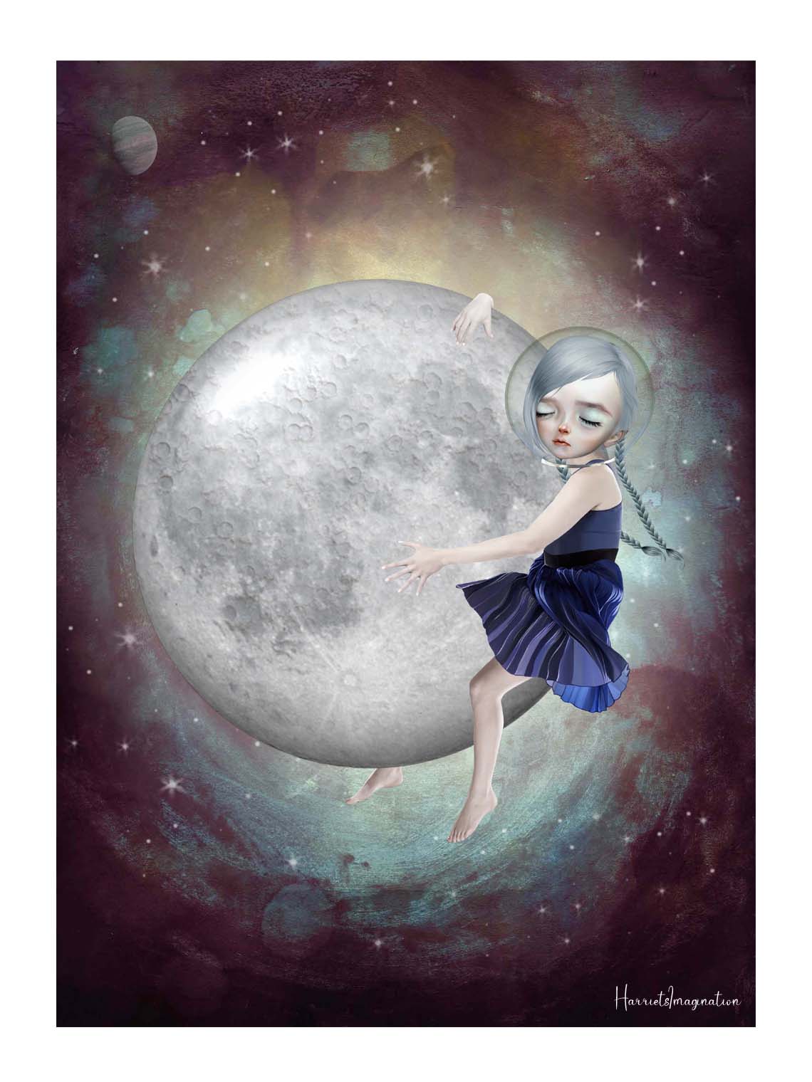 Moon Child art print. Featuring a girl hugging the moon, this unique image captures the beauty and wonder of the night sky. Perfect for any space enthusiast, this print will bring a touch of celestial magic to any room.