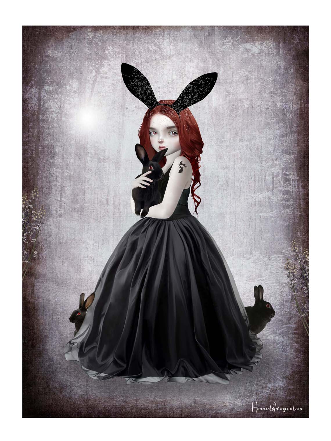 Surreal fantasy art print featuring a girl in a black gown surrounded by enigmatic black rabbits. Her red eyes mirror theirs, creating an eerie yet captivating connection.