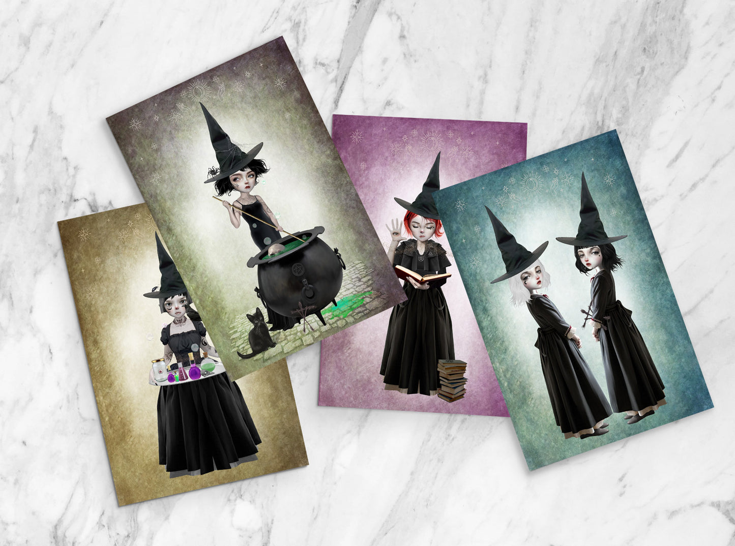 Introducing our newest product, the Witchy Art Postcard Set! This set of 4 includes four different spooky and cute designs, perfect for framing or sending to your friends. Each card features a different design.